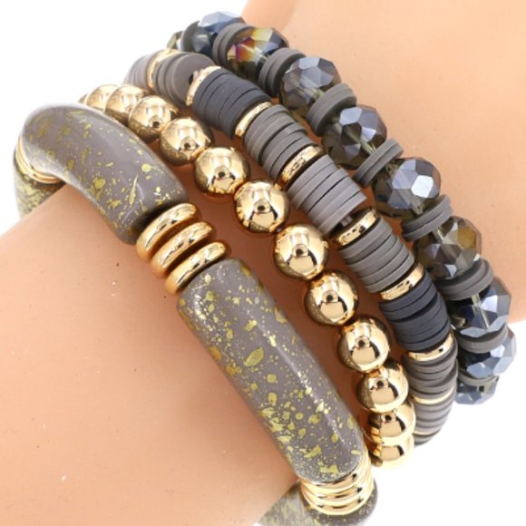 Jewelry - 1122-4Pcs Stretch Stack Bamboo Beads Bracelet Set-Gray/Gold